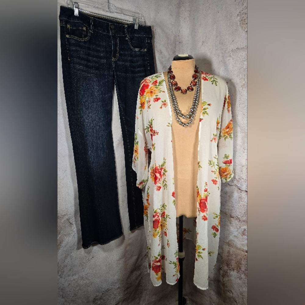 AMBIANCE Large Floral Open Front Sheer Kimono Cardigan Duster Swimsuit Cover